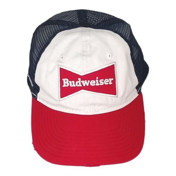 Budweiser Beer Trucker Hat Cap Mesh Adjustable Blue Red White H3 Headwear - Picture 1 of 11